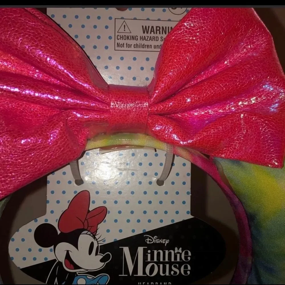 Rare Disney Parks Rainbow Bow Black Sequins Minnie Mouse Ears Headband Tie Dye